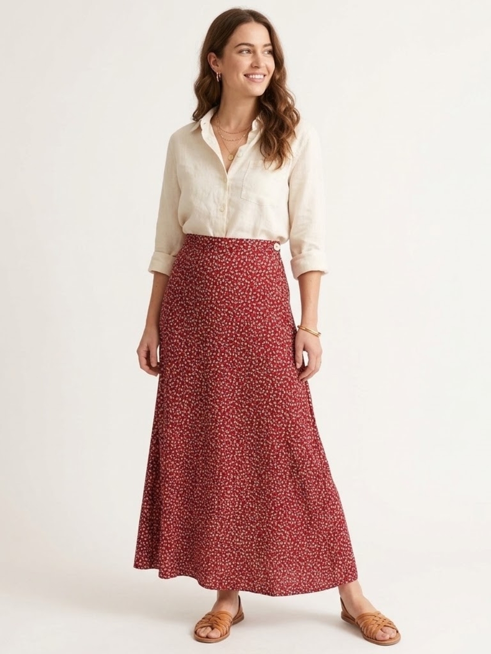 Vintage 90s Limited America Red Floral Rayon Maxi Skirt Made in Italy Size 8